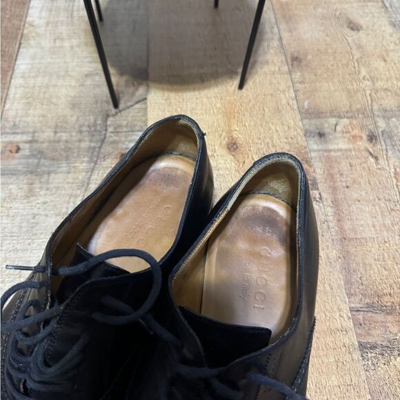 GUCCI 'Brogue' Men’s Sz 8 Black Leather Plain Toe Oxfords Italian Shoes - Picture 10 of 15